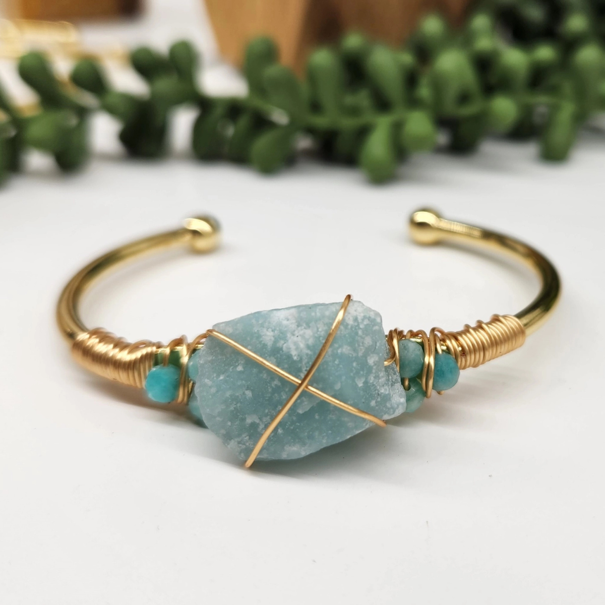 Gemstone Wire-Wrapped Bracelet - Amazonite Yellow Gold