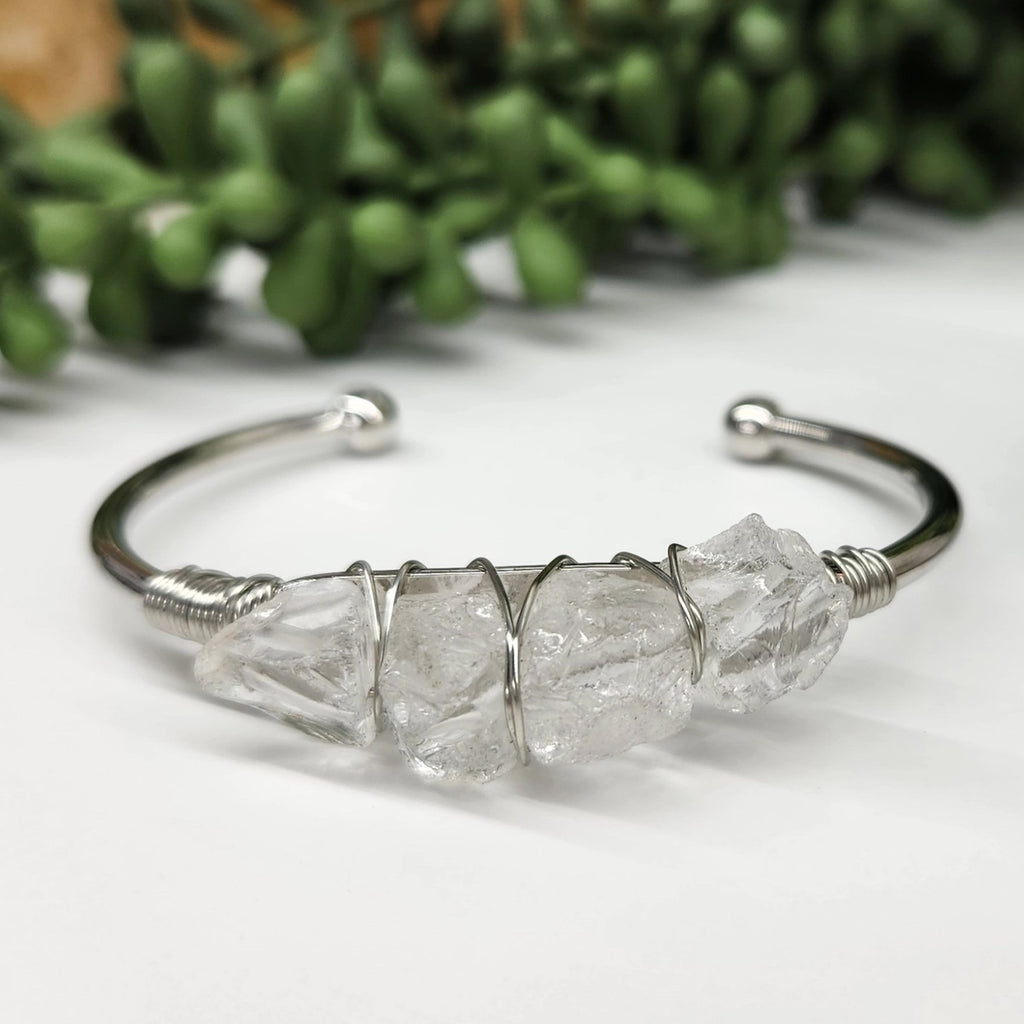Gemstone Wire-Wrapped Bracelet - Clear Quartz White Gold