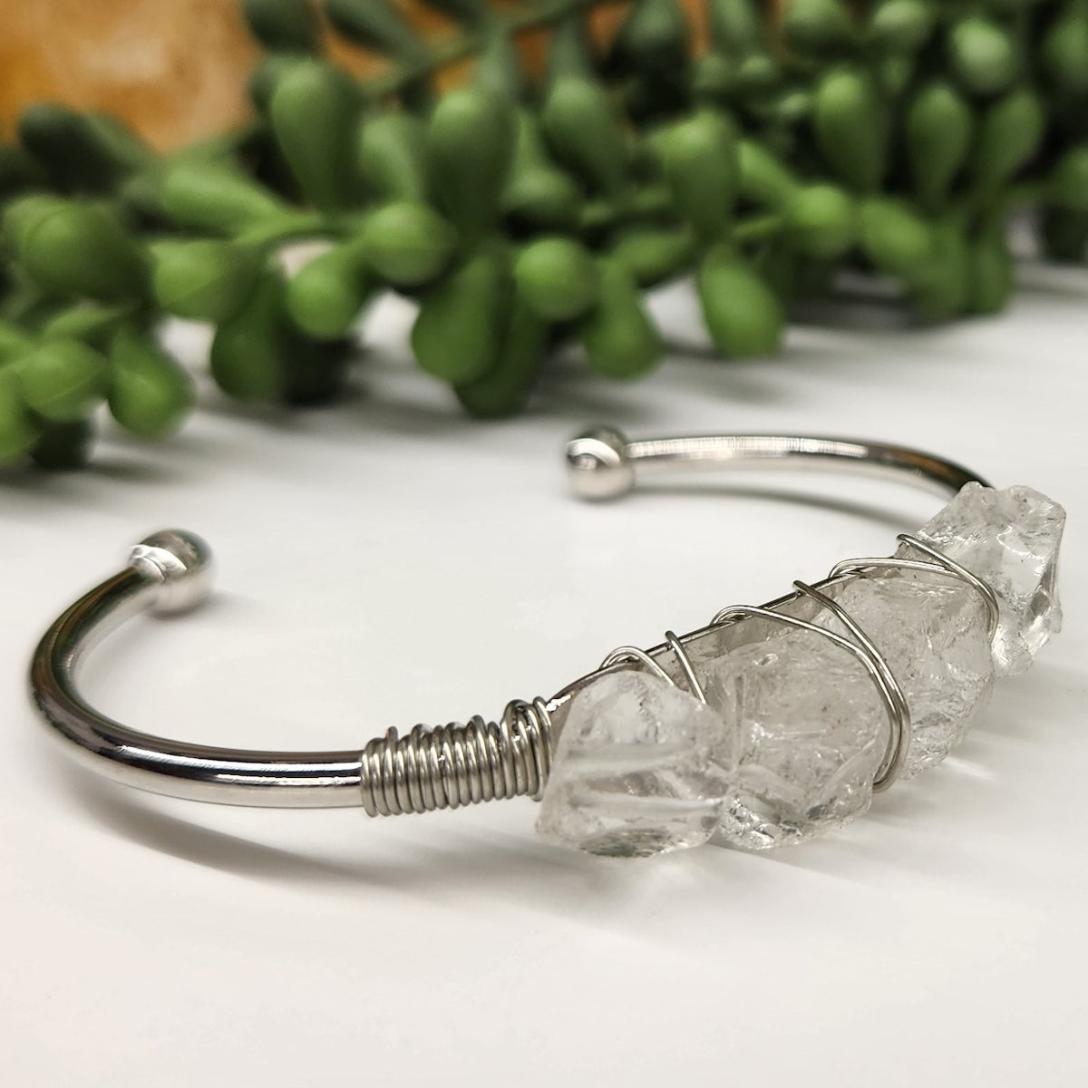 Gemstone Wire-Wrapped Bracelet - Clear Quartz White Gold