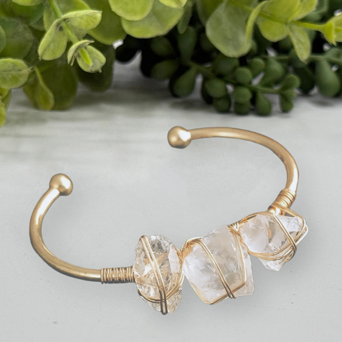 Gemstone Wire-Wrapped Bracelet - Clear Quartz Yellow Gold