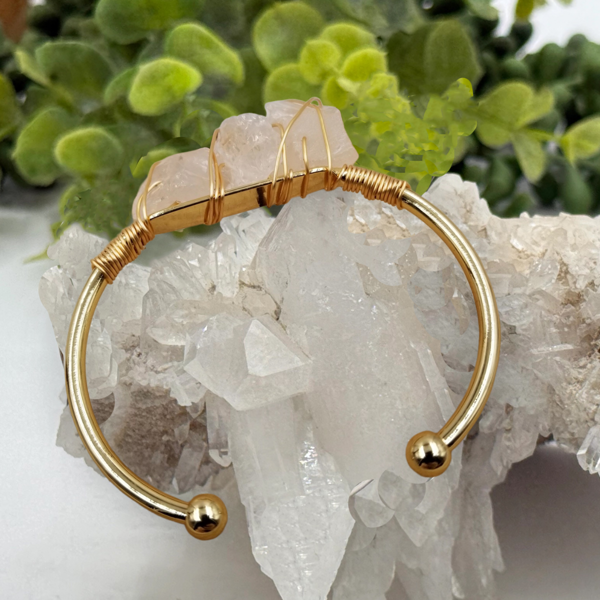 Gemstone Wire-Wrapped Bracelet - Clear Quartz Yellow Gold