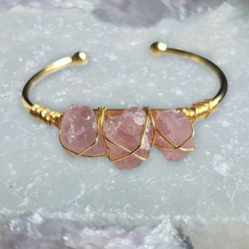 Gemstone Wire-Wrapped Bracelet - Strawberry Quartz Yellow Gold